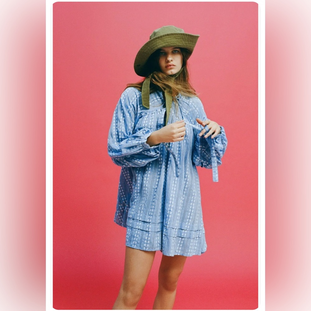 Urban Outfitters UO Jai Embroidered Babydoll Mini Frock Dress Blue Floral XS NWT